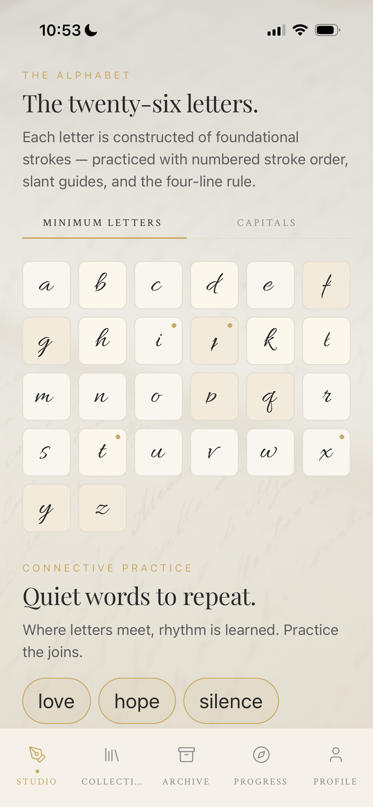 Alphabet practice screen