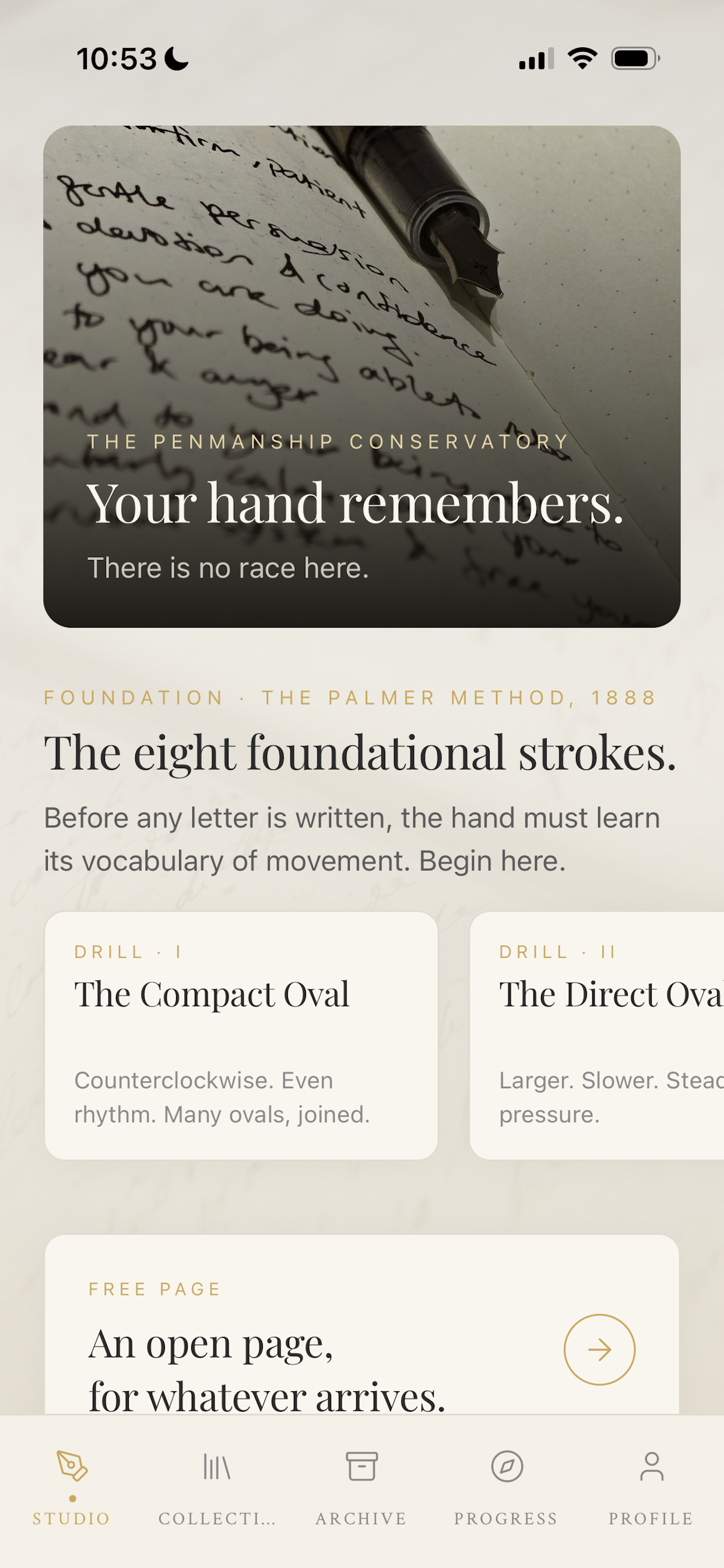 Codexia & Ink Studio screen showing foundational cursive strokes